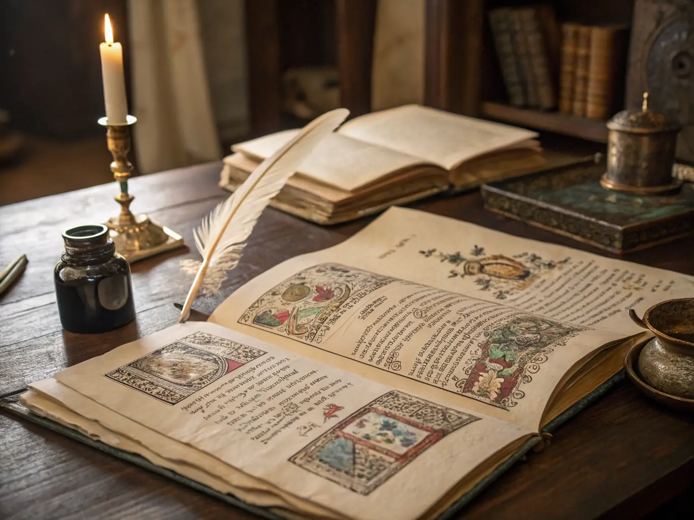 A close-up image of ancient scrolls and writing tools (quill and ink) on a wooden table, with soft, diffused lighting to evoke a sense of historical research and scholarship.